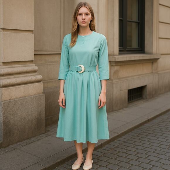Vintage 1980s Carriage Court light blue Tea Length Dress with Belt - Made in USA - Picture 1 of 8